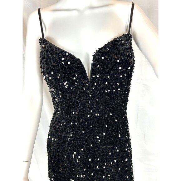 Black Sequined Mini Dress by Alyce Paris, Rhinestone Chains on Hem, Size 14, NWT - Picture 3 of 10